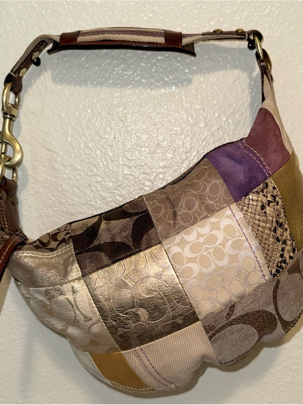 Coach Patchwork Shoulder Bag in Metallic, Brown and Purple